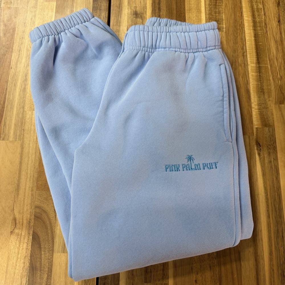 Pink Palm Puff Womens Baby Blue Sz SR Sweatpants Embroidered Logo Drawstring EUC
